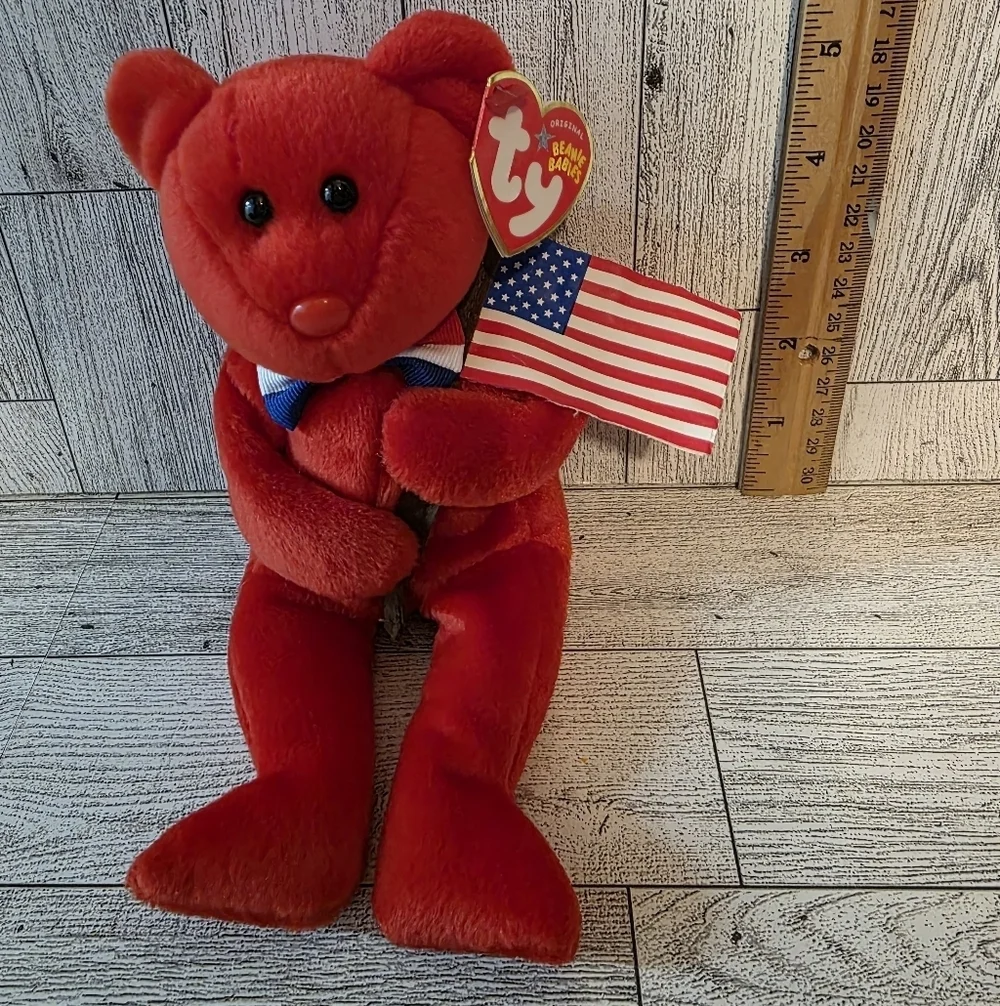 Ty Thomas Beanie Babies Red Bear with American Flag